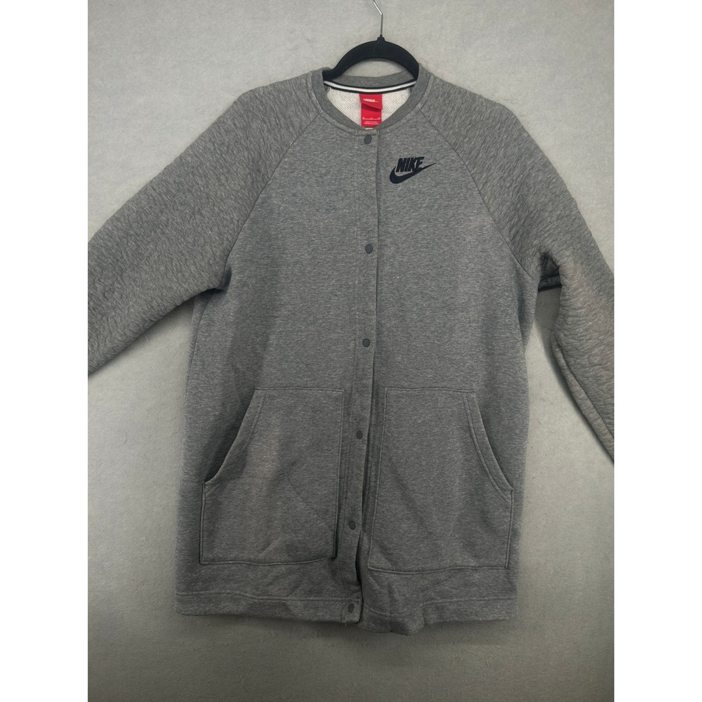 Nike Sportswear Womens XL Heather Grey Longline Snap Front Fleece Jacket Pockets
